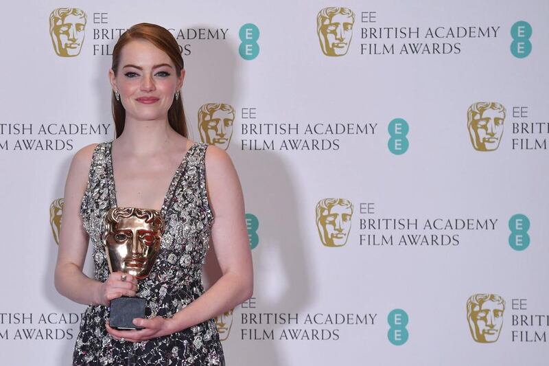 US actress Emma Stone poses with the award for a Leading Actress for her work on the film La La Land at the Bafta British Academy Film Awards at the Royal Albert Hall in London on February 12, 2017. AFP 