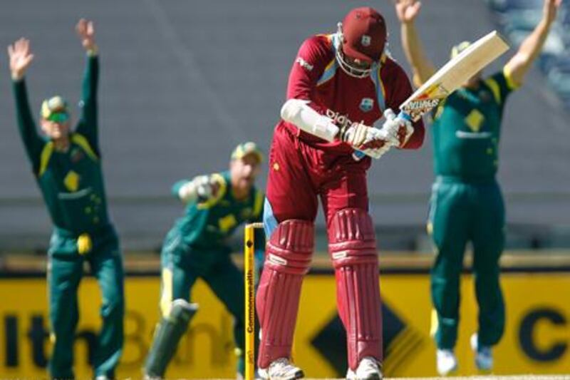 West Indies batsman Chris Gayle is given LBW for just four runs against Australia.
