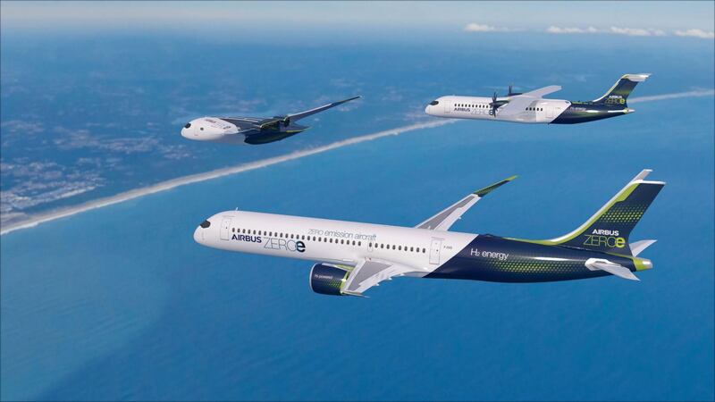 Three concepts models for the world's first zero-emission commercial aircraft that were unveiled by Airbus earlier this month. The aviation industry pledged to prioritise sustainability goals as it recovers from the sharp drop in business experienced because of the Covid-19 pandemic. Courtesy of Airbus