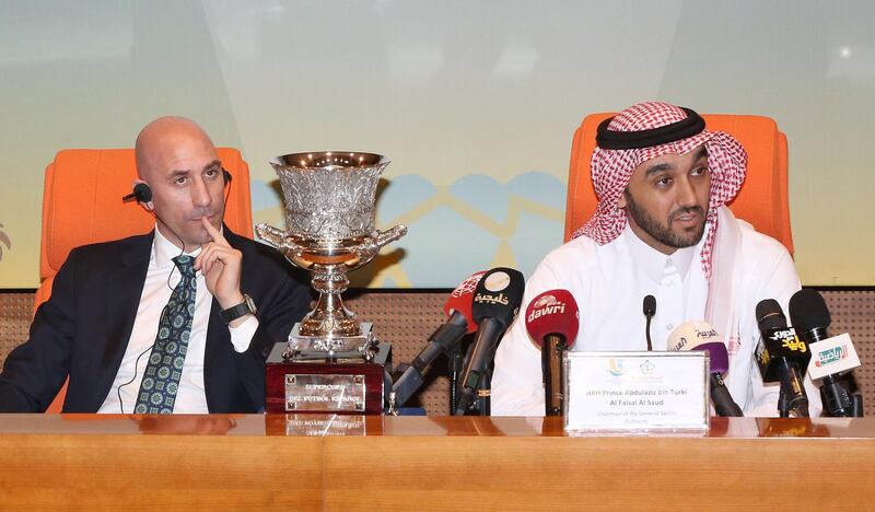Luis Rubiales and Prince Abdulaziz bin Turki Al-Faisal during the press conference for the Spanish Super Cup. EPA