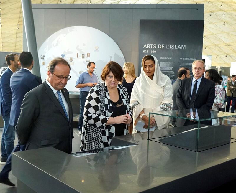 President Francois Hollande, Princess Lamia Bint Majid AlSaud, and Ms. Yannick Lintz during the opening of the new and expanded spaces in the museum’s Department of Islamic Art. Credit:Alwaleed Philanthropies