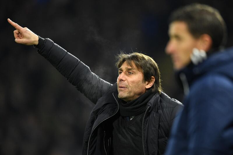 WATFORD, ENGLAND - FEBRUARY 05:  Antonio Conte, Manager of Chelsea reacts during the Premier League match between Watford and Chelsea at Vicarage Road on February 5, 2018 in Watford, England.  (Photo by Michael Regan/Getty Images)