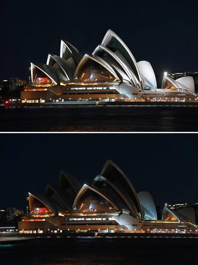 The Sydney Opera House is seen before (above) and during Earth Hour (below) in Sydney on March 27, 2021. / AFP / Steven Saphore
