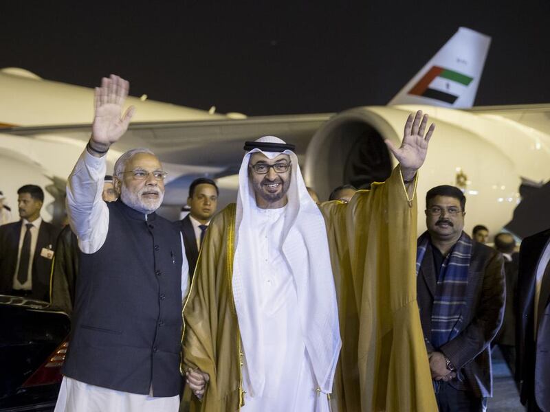 Sheikh Mohammed bin Zayed, Crown Prince of Abu Dhabi and Deputy Supreme Commander of the Armed Forces, is welcomed by Narendra Modi at the start of Sheikh Mohammed’s last official visit to India in February, 2016. Mohamed Al Hammadi / Crown Prince Court — Abu Dhabi