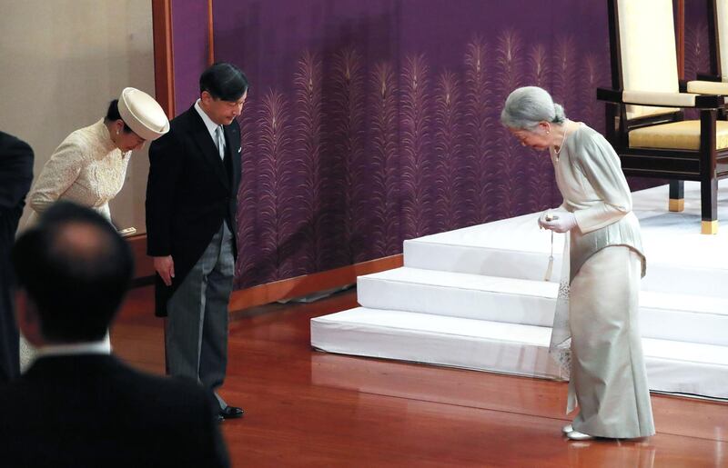 Japan’s Empress Michiko (R) bows to Crown Prince Naruhito (C) and his wife Crown Princess Masako (L) as she leaves at the end of the abdication ceremony of Emperor Akihito at the Matsu-no-Ma state room inside the Imperial Palace in Tokyo. Emperor Akihito of Japan formally stepped down on April 30, 2019, the first abdication for 200 years in the world's oldest monarchy, as his son Naruhito prepared to take the Chrysanthemum Throne and usher in a new imperial era. AFP