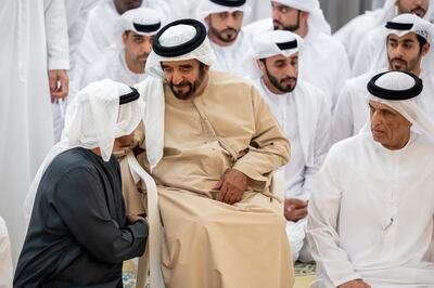President Sheikh Mohamed offers his condolences to Sheikh Saif bin Mohamed, the brother of Sheikh Tahnoon. Also pictured is Sheikh Saud bin Saqr Al Qasimi, Ruler of Ras Al Khaimah. Abdulla Al Bedwawi / UAE Presidential Court