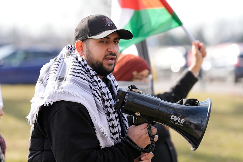 Community activist Adam Abusalah joins almost 40 people protesting against Israel's attacks in Gaza, on February 8, in Dearborn, Michigan. AP Photo