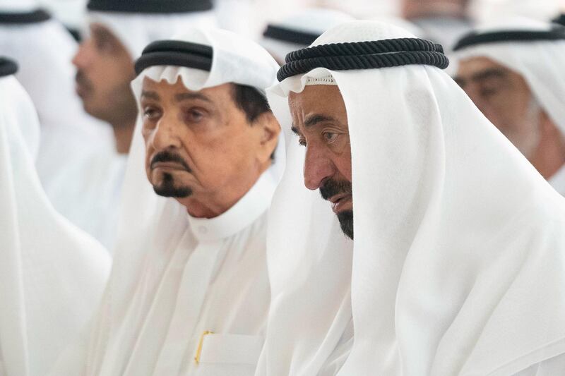 Sheikh Dr Sultan bin Muhammad Al Qasimi, Ruler of Sharjah, and Sheikh Humaid bin Rashid, Ruler of Ajman, perform funeral prayers for Sheikh Khalid, the Sharjah Ruler's son, at King Faisal Mosque on Wednesday. Wam