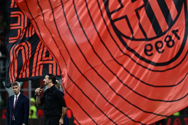 Zlatan Ibrahimovic speaks during a farewell ceremony following AC Milan's 3-1 Serie A win over Hellas Verona on June 4, 2023 at the San Siro in Milan. AFP