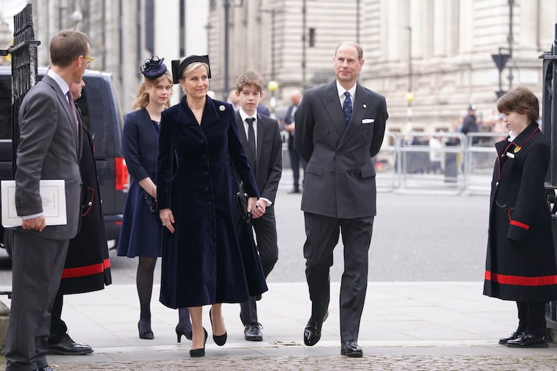 Prince Edward, the queen's youngest child, his wife Sophie, Countess of Wessex, their daughter Lady Louise Mountbatten-Windsor and son Viscount Severn arriving. PA