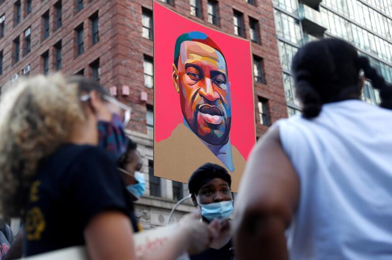 A portrait of George Floyd is seen during a protest against racial inequality in New York City. REUTERS