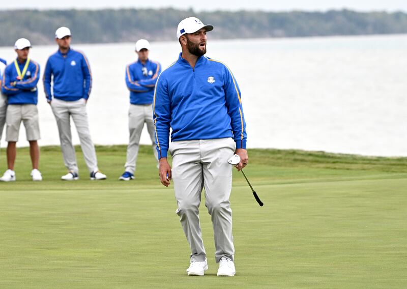 Team Europe's Jon Rahm reacts to his putt on the seventeenth hole. Getty