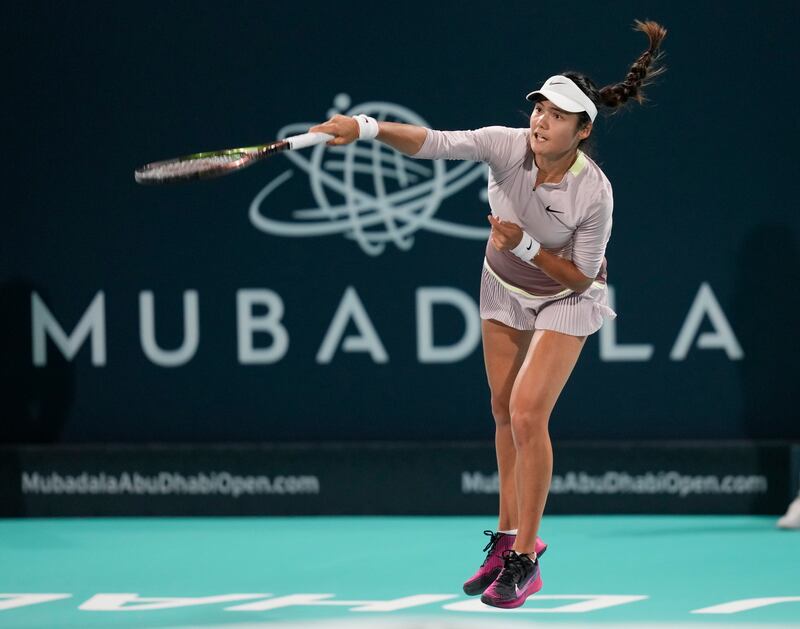 Emma Raducanu serves to Marie Bouzkova during their first-round match at the Mubadala Abu Dhabi Open. AP