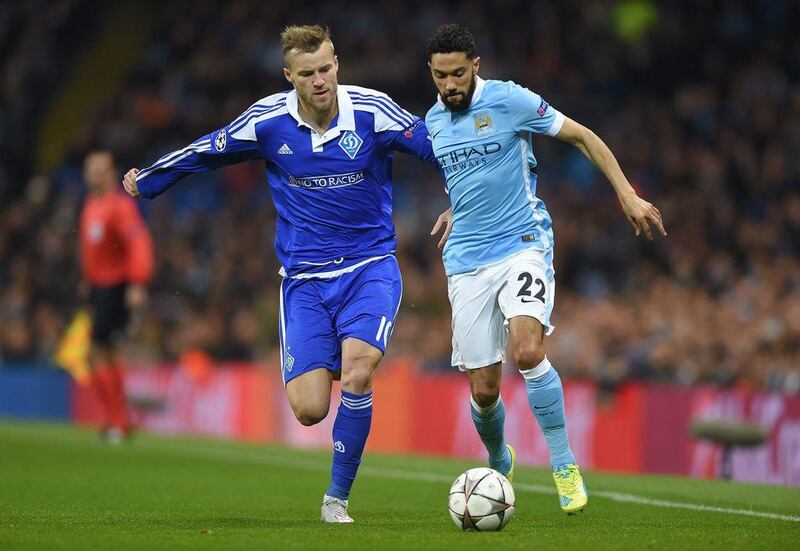 Manchester City’s Gael Clichy (R) in action with Dynamo Kiev’s Andriy Yarmolenko (L) during the Uefa Champions League round of 16 second leg soccer match between Manchester City and Dynamo Kiev held at the Etihad Stadium in Manchester, Britain, 15 March 2016. EPA/Peter Powell