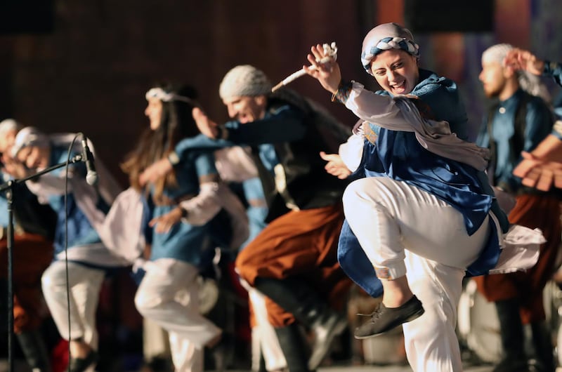 Artists from all the participating troupes perform during the opening ceremony of the 8th International Festival for Drums and Traditional Arts in the Cairo Citadel, Cairo, Egypt. EPA