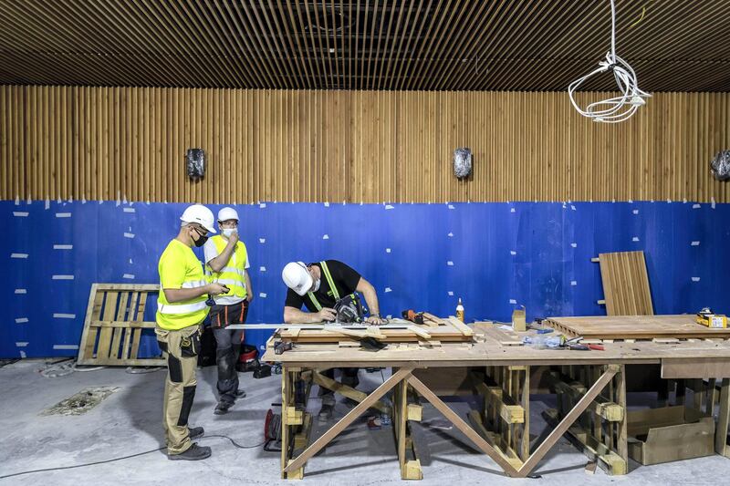 The Polish pavilion at the EXPO 2021 site nears completion. The pavilion has metal birds on the outside and inside that are partially installed along with a special wood panelled interior and exterior on May 2nd, 2021. 
Antonie Robertson / The National.
Reporter: Ramola Talwar for National
