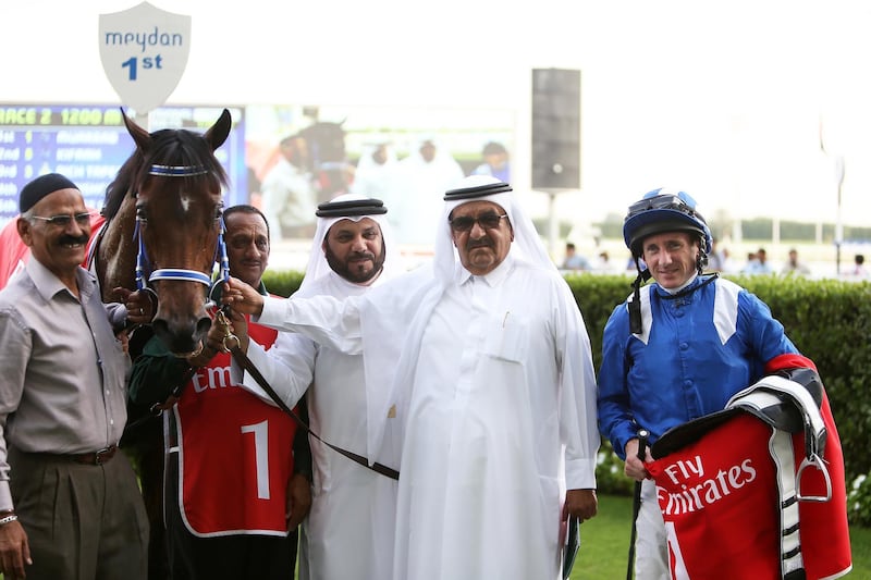 DUBAI , UNITED ARAB EMIRATES – March 5 , 2016 : Muarrab ( GB ) number ( 1 )  ridden by Paul Hanagan won the 2nd horse race 1200m ( Dirt ) at the Meydan Racecourse in Dubai. H . H . Sheikh Hamdan Bin Rashid Al Maktoum ( center ) is also seen in the photo.  ( Pawan Singh / The National ) For Sports. Story by Geoffrey Riddle. ID No : 95593  *** Local Caption ***  PS0503- HORSE RACE15.jpg