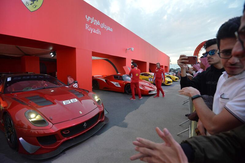 Ferrari race cars are displayed in a special section of the Riyadh Motor Show, at Al-Janadriyah village in the Saudi capital. AFP