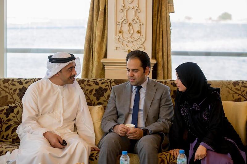 ABU DHABI, UNITED ARAB EMIRATES - July 31, 2017: HH Sheikh Abdullah bin Zayed Al Nahyan, UAE Minister of Foreign Affairs and International Cooperation (L), speaks with Mohamed Abdul Salam (C), Advisor to Dr Sheikh Ahmad Muhammad Al Tayyeb Grand Imam of the Al Azhar, and HE Dr Amal Abdullah Al Qubaisi, Speaker of the Federal National Council (FNC) (R), during a Sea Palace barza. 
( Mohamed Al Hammadi / Crown Prince Court - Abu Dhabi )
---