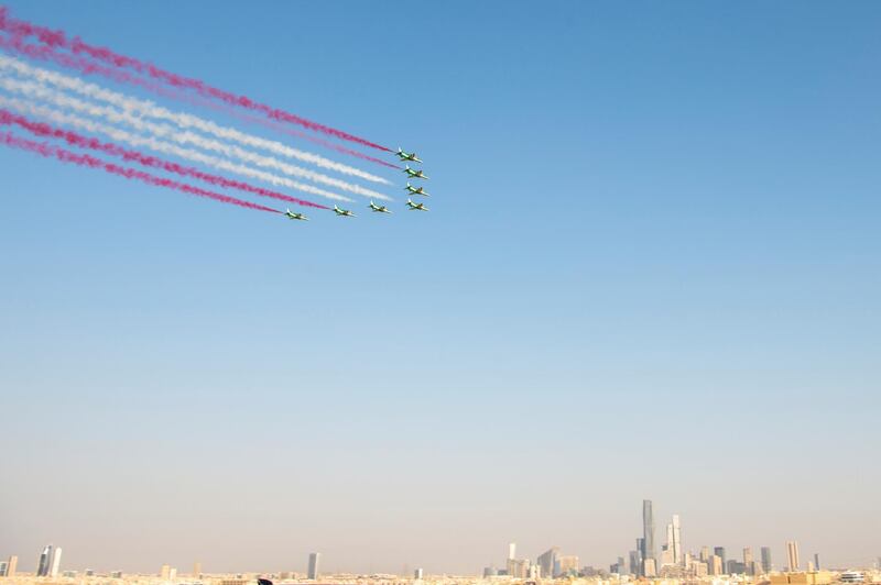 Saudi Arabian aircraft perform as part of the kingdom's 90th National Day celebrations, in Riyadh, Saudi Arabia. Reuters