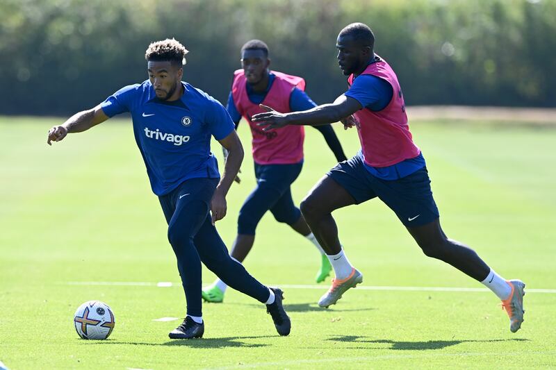 Reece James and Kalidou Koulibaly compete during the training session.