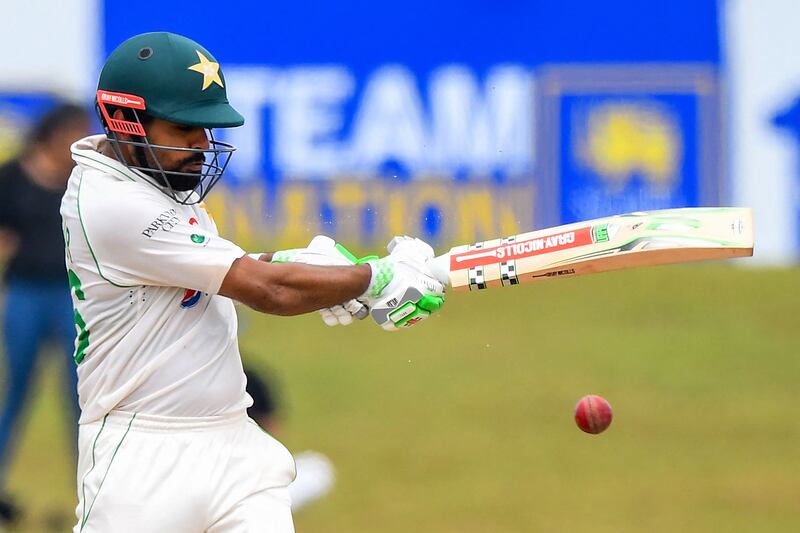 Pakistan’s Babar Azam plays a shot during the final day of the second cricket Test match between Sri Lanka and Pakistan at the Galle International Cricket Stadium in Galle on July 28, 2022.  (Photo by ISHARA S.  KODIKARA  /  AFP)