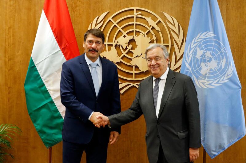 Hungary's President Janos Ader, left, meets with United Nations Secretary-General Antonio Guterres during the 74th session of the U.N. General Assembly, at U.N. headquarters. AP Photo