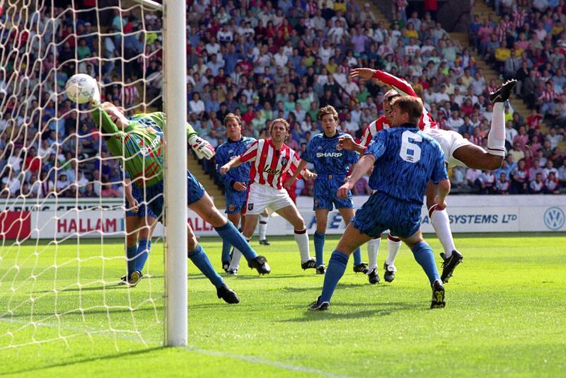 Sheffield United's Brian Deane scores his first goal of the game  (Photo by Neal Simpson/EMPICS via Getty Images)