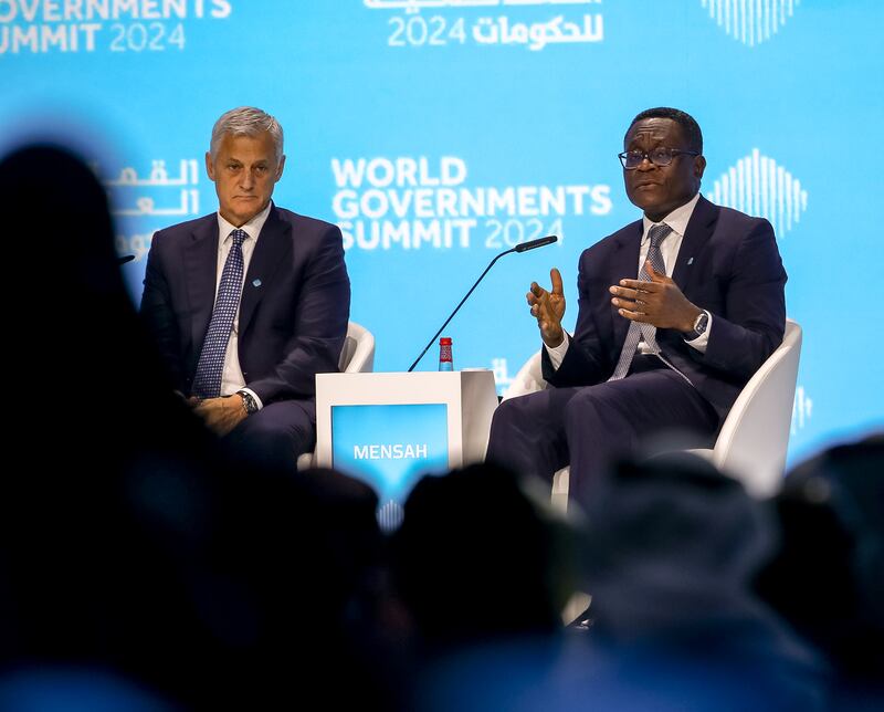 Bill Winters, chief executive of Standard Chartered Bank, left, and Bernard Mensah, president for international at Bank of America, at the World Governments Summit in Dubai. Victor Besa / The National