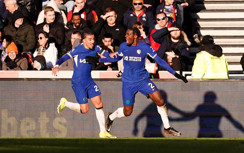 Chelsea's Axel Disasi celebrates with teammate Malo Gusto after scoring their second goal in the 2-2 Premier League draw against Brentford at the Gtech Community Stadium on March 2, 2024. PA 