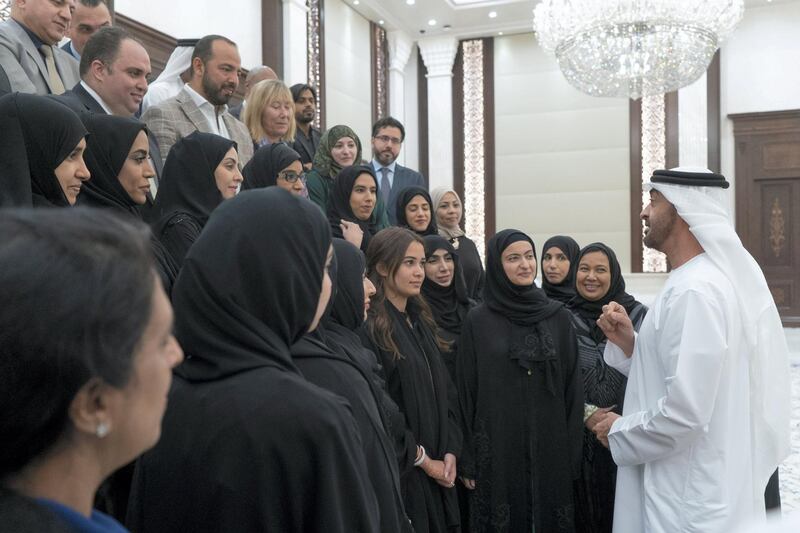 ABU DHABI, UNITED ARAB EMIRATES - May 14, 2019: HH Sheikh Mohamed bin Zayed Al Nahyan, Crown Prince of Abu Dhabi and Deputy Supreme Commander of the UAE Armed Forces (R), speaks with doctors who volunteered at the Special Olympics World Games Abu Dhabi 2019, during an iftar reception, at Al Bateen Palace.

( Rashed Al Mansoori / Ministry of Presidential Affairs )
---