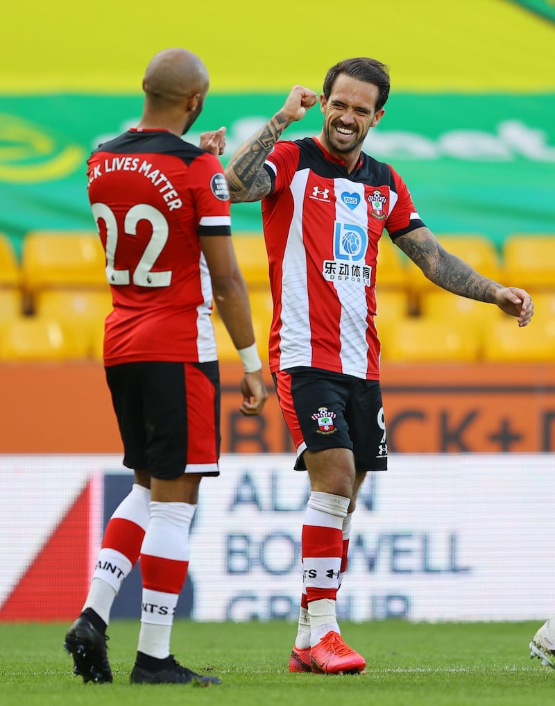 Southampton's Danny Ings celebrates scoring their first goal with Nathan Redmond. Reuters