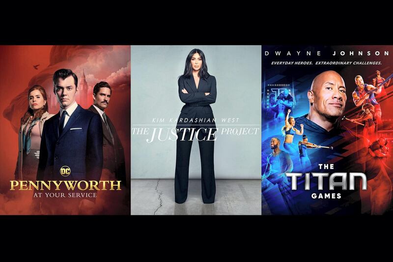 From left to right: 'Pennyworth', 'Kim Kardashian West: The Justice Project', 'The Titan Games'. Courtesy Starzplay