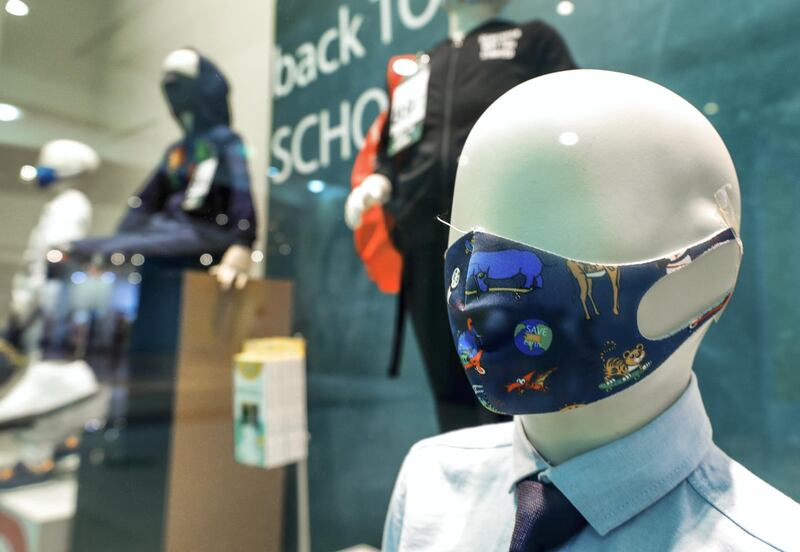 Abu Dhabi, United Arab Emirates, August 23, 2020.   
Children's face masks  and face sheilds for sale at LC Waikiki shop in Al Wahda Mall, Abu Dhabi.
Victor Besa /The National
Section:  NA
Reporter: