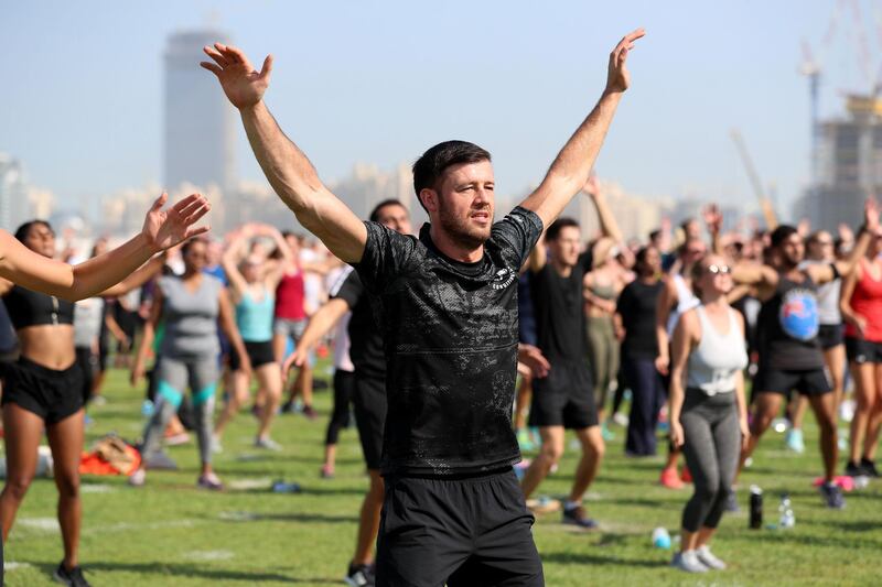 Dubai, United Arab Emirates - October 26, 2019: HIIT 30X30 with Joe Wicks. Guinness World Record attempt for the largest HIIT class. Saturday the 26th of October 2019. Skydive Dubai, Dubai. Chris Whiteoak / The National
