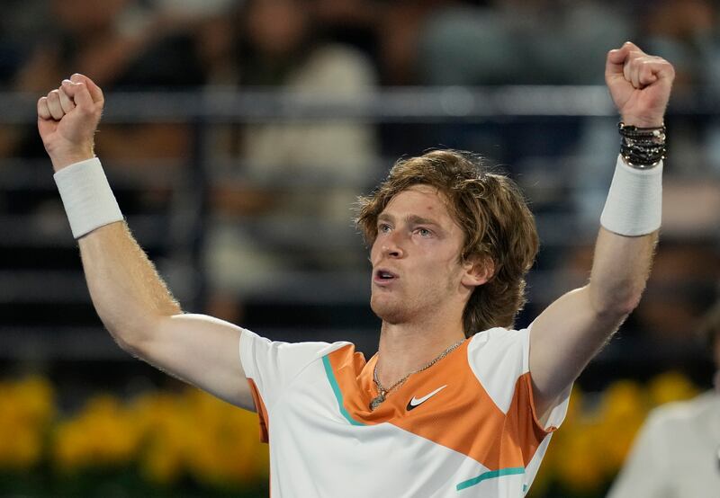 Andrey Rublev celebrates after winning the Dubai Duty Free Tennis Championships title. AP