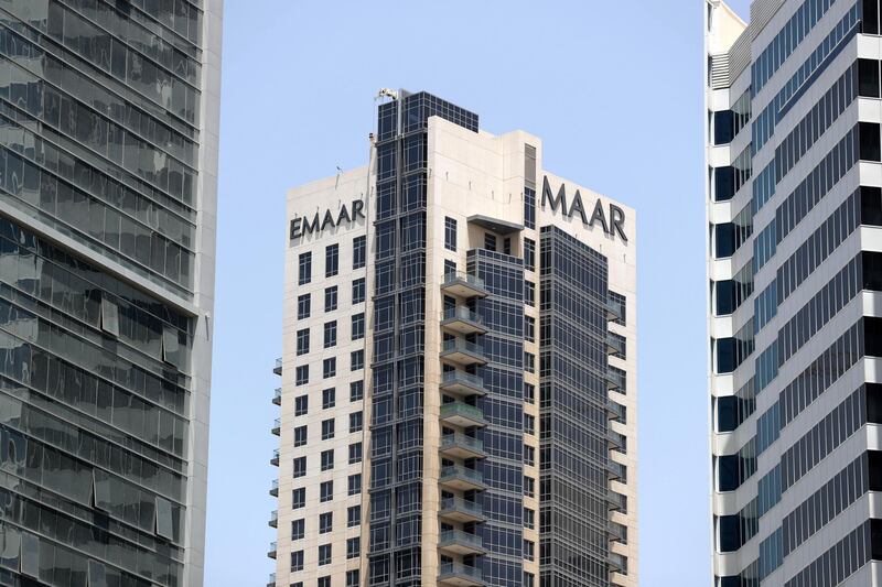 Dubai, United Arab Emirates - April 25, 2019: Emaar building with branding. Thursday the 25th of April 2019. Business Bay, Dubai. Chris Whiteoak / The National
