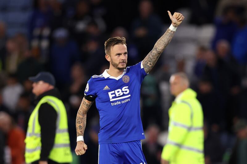 LEICESTER, ENGLAND - OCTOBER 03: James Maddison of Leicester City celebrates after victory in the Premier League match between Leicester City and Nottingham Forest at The King Power Stadium on October 03, 2022 in Leicester, England. (Photo by Nathan Stirk / Getty Images)