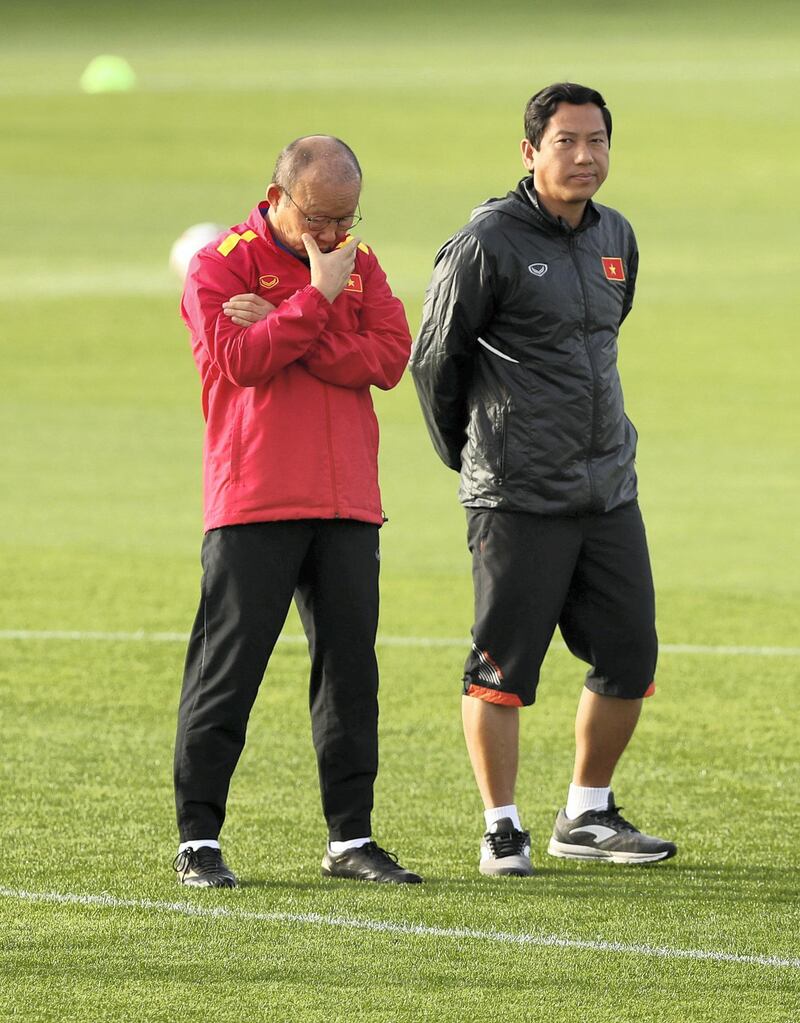 Dubai, United Arab Emirates - January 23, 2019: Vietnam head coach Park Hang-seo during training ahead of their Asian cup quarterfinal against Japan. Wednesday, January 23rd, 2019 at Al Maktoum Stadium, Dubai. Chris Whiteoak/The National