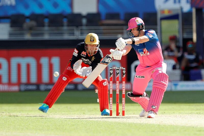 Steve Smith captain of Rajasthan Royals  batting during match 33 of season 13 of the Dream 11 Indian Premier League (IPL) between the Rajasthan Royals and the Royal Challengers Bangalore held at the Dubai International Cricket Stadium, Dubai in the United Arab Emirates on the 17th October 2020.  Photo by: Saikat Das  / Sportzpics for BCCI