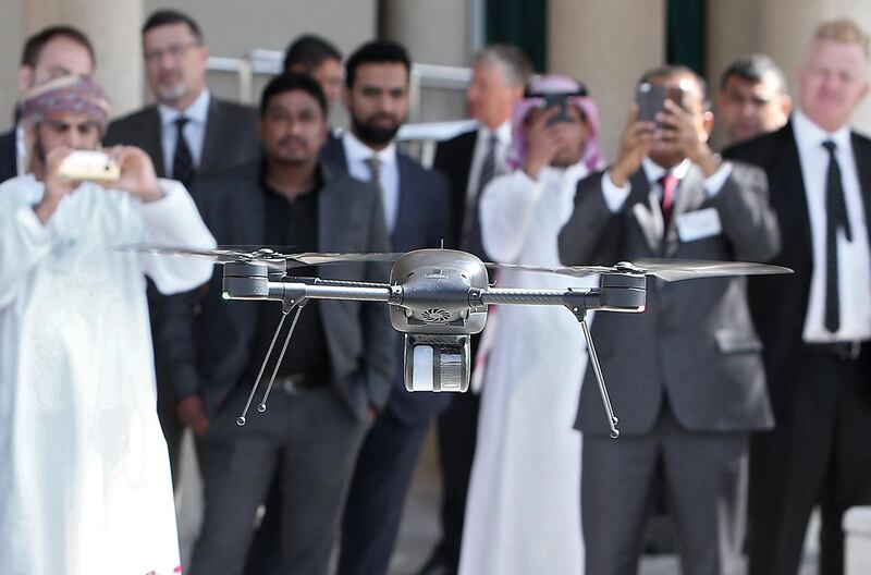 DUBAI , UNITED ARAB EMIRATES – Jan 25 , 2016 : John Molberg , Business Development Manager at Lockheed Martin Canada ( not in the photo ) giving demo of Lockheed Martin drone at the Drones Middle East conference held at Marriott hotel Al Jaddaf in Dubai.  ( Pawan Singh / The National ) For News. Story by Nadeem Hanif . ID No : 14647 *** Local Caption ***  PS2501- DRONES02.jpg