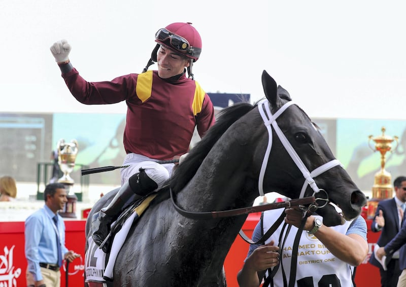 Dubai, United Arab Emirates - March 30, 2019: Coal Front ridden by Jose Ortiz wins the Godolphin Mile during the Dubai World Cup. Saturday the 30th of March 2019 at Meydan Racecourse, Dubai. Chris Whiteoak / The National