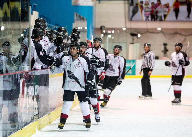 ABU DHABI, UNITED ARAB EMIRATES - AD Storms congratulating their team for winning the game at the AD Storms vs Belarus final game at the Ice Hockey President Cup 2018, Zayed Sport City Ice Rink, Abu Dhabi.  Leslie Pableo for The National