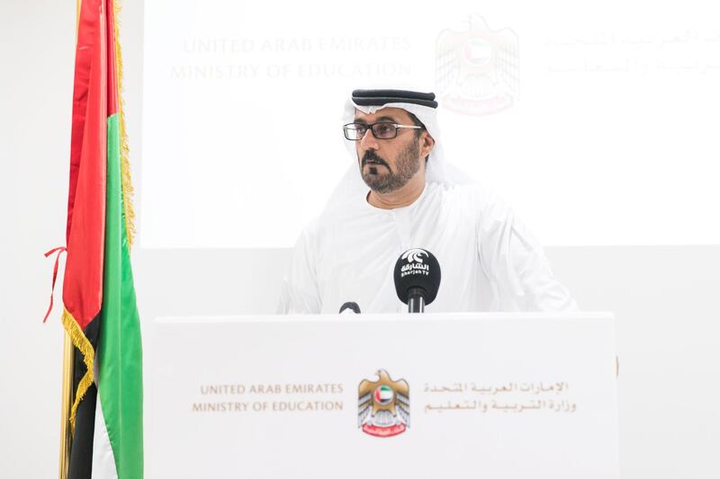 DUBAI, UNITED ARAB EMIRATES - AUG 29:
Minister of Education Hussain Al Hammadi talks at a press conference.

(Photo by Reem Mohammed/The National)

Reporter: Roberta Pennington
Section: NA