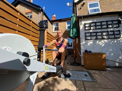Mohamed Sbihi using a rowing machine in his back garden. Courtesy Mohamed Sbihi