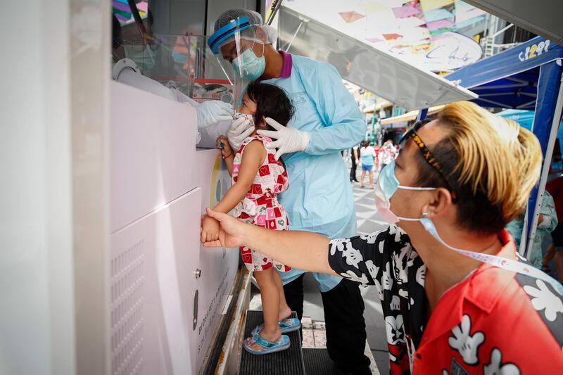 A young girl undergoes a nasal swab test to detect Covid-19 amid a spike in infections at backpackers' hotspot Khaosan Road in Bangkok, Thailand. EPS