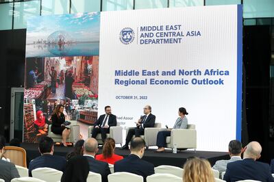 Mina Al-Oraibi, Editor in Chief, The National, moderating the panel attended by Mohamad Al Ississ, Jordanian Minister of Finance; the IMF's Jihad Azour and Khatija Haque, chief economist at Emirates NBD. Pawan Singh / The National