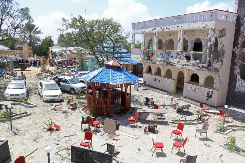 A view of the hotel after an attack, in Kismayo , Somalia.  AP