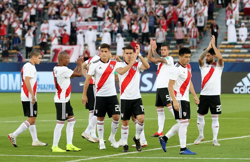 Abu Dhabi, United Arab Emirates - December 22, 2018: River Plate team applaud their fans before the match between River Plate and Kashima Antlers at the Fifa Club World Cup 3rd/4th place playoff. Saturday the 22nd of December 2018 at the Zayed Sports City Stadium, Abu Dhabi. Chris Whiteoak / The National