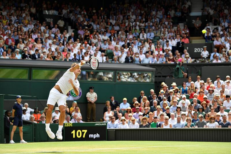 Tennis - Wimbledon - All England Lawn Tennis and Croquet Club, London, Britain - July 9, 2018. Switzerland's Roger Federer serves during his fourth round match against France's Adrian Mannarino.  REUTERS/Toby Melville